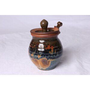 Vtg 1979's Handmade Blue & Brown Glazed Ceramic Honey Jar With Lid And Honey Dip